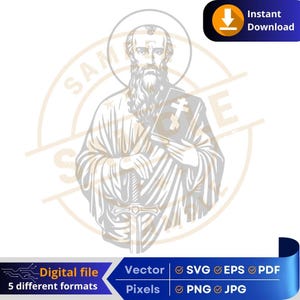 Puede incluir: Ilustración en escala de grises de una figura santa con un halo, sosteniendo un libro y una espada. La imagen incluye texto que indica que es un archivo digital disponible en múltiples formatos, incluyendo SVG, EPS, PDF, PNG y JPG, para descarga instantánea.