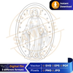 Our Lady of the Miraculous Medal SVG, Virgin Mary Digital Art, Catholic Saint Vector for CNC Laser Engraving, Blessed Mother Clip Art PNG