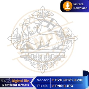 May include: A detailed illustration of a lamb holding a flag, set within an ornate frame. The image is a digital file available in five formats, including SVG, EPS, PDF, PNG, and JPG. The design features a cross and other religious symbols.