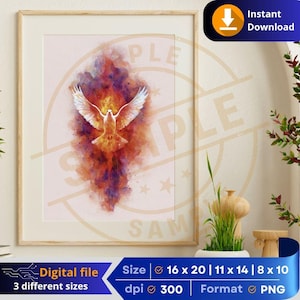 Puede incluir: Una impresión enmarcada con una pintura a la acuarela de una paloma blanca con las alas extendidas, sobre un fondo abstracto y ardiente de tonos naranja, rojo y morado. La obra de arte está disponible en tres tamaños: 40,6 x 50,8 cm, 27,9 x 35,6 cm y 20,3 x 25,4 cm. El archivo digital está en formato PNG.