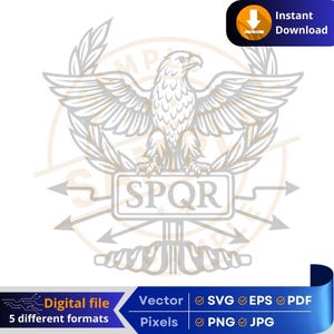 May include: A black and white illustration of a Roman eagle with wings spread, perched on a banner with the letters "SPQR" in a serif font. The eagle is surrounded by a laurel wreath and two crossed arrows.