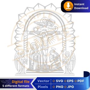 Puede incluir: Un archivo gráfico digital que representa una escena religiosa con Jesús en la cruz, figuras y ángeles. La imagen está en un estilo de arte lineal con las palabras "Descarga instantánea" y "Archivo digital" visibles.