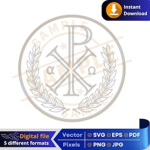 May include: A light grey circular digital design featuring the Chi Rho symbol, Greek letters alpha and omega, and a laurel wreath. The design has the word "SAMPLE" faintly visible. The image also includes text indicating it is a digital file available in multiple formats.