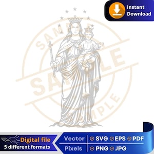 Virgin Mary Mother Help of Christians SVG | Religious Digital Download | Madre auxiliadora | Crafts & Printing Cricut Engraving  Laser DTF