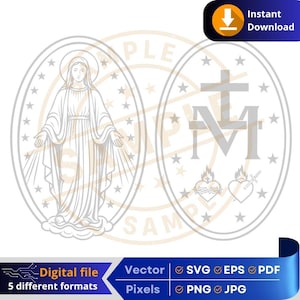 Wonderbaarlijke Medaille SVG PNG, Medaille van Onze Lieve Vrouw van Genade, Vectorontwerp van de Maagd Maria voor Cricut Silhouette Glowforge, Katholieke Sieraden Laserbestand