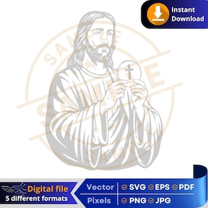 May include: A digital illustration of Jesus holding a communion wafer with a cross. The image is in a line art style, with a light color palette. The image includes the text "Instant Download" and "Digital file".