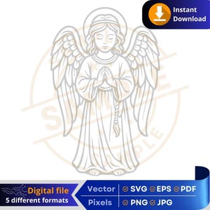 Puede incluir: Un dibujo de línea de un ángel con alas, halo y cabello largo y fluido. El ángel está de pie con las manos juntas en oración.