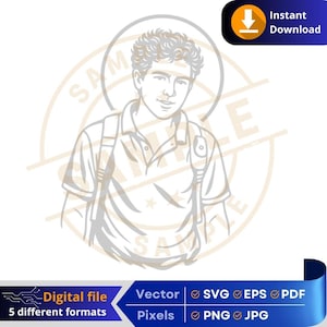 Könnte beinhalten: Schwarz-Weiß-Illustration einer Person mit Kragenhemd und Rucksack. Das Bild ist eine digitale Datei, verfügbar in fünf Formaten: SVG, EPS, PDF, PNG und JPG. Enthält eine Schaltfläche "Sofort-Download".