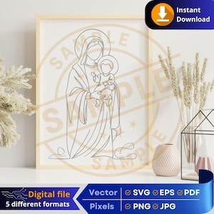 Printable doodle Mary and baby Jesus SVG & PNG | one line drawing | Virgin Mary and child Jesus | Crafts - Printing Cricut Engraving Laser DTF