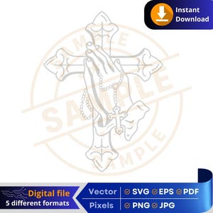 Mani che pregano il rosario su una croce Immagini religiose SVG Download digitale religioso | Artigianato e stampa Cricut Incisione Laser DTF