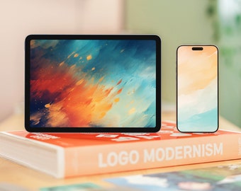 May include: A tablet and a smartphone with abstract colorful backgrounds on a book titled "Logo Modernism".