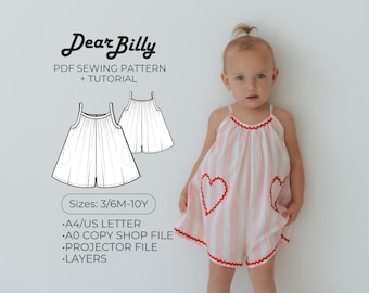 Girls Playsuit Sewing Pattern PDF | Flowy Dress Romper | Sizes 3/6M–10Y | Instant Download