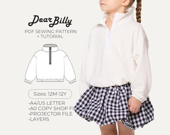 Half Zip Pullover PDF Sewing Pattern | Unisex Kids Sweatshirt | Digital Download 12M–12Y