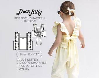 Girls Ruffle Tie-Back Summer Top PDF Sewing Pattern (12M-12Y)