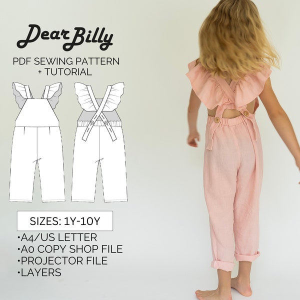 Mädchen Ärmellose Rüschen Trim Jumpsuit PDF Schnittmuster Sofort Download 1Y-10Y