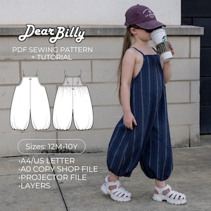 May include: A PDF sewing pattern and tutorial titled Dear Billy for a dark blue jumpsuit with thin vertical white stripes. The pattern includes sizes 12M-10Y, A4/US Letter, A0 copy shop file, projector file, and layers. The jumpsuit has a loose fit.