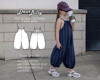 Kids Balloon Leg Overalls Sewing Pattern, Oversized Jumpsuit PDF (Sizes 12M-10Y)