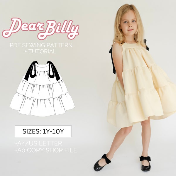 Girls A-line Layered Dress Wide Shoulder Straps PDF Sewing Pattern 1Y-10Y