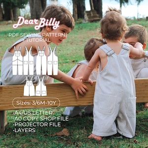 Puede incluir: Overoles infantiles a rayas claras. La imagen muestra un tutorial de patrón de costura en PDF con el texto "Dear Billy" y tallas de 3/6M a 10 años. Los overoles tienen un diseño clásico con tirantes ajustables y bolsillos. También incluye el texto "PDF Sewing Pattern Tutorial".