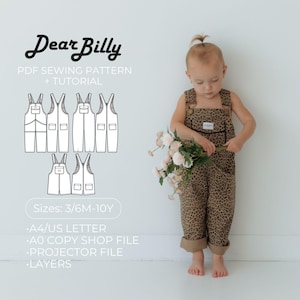 Puede incluir: Un niño con un mono con estampado de leopardo, sosteniendo un ramo de flores. La imagen también presenta un patrón de costura con el texto "Dear Billy" e información de tallas para el mono.