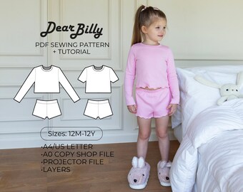 Kids PJs Set Sewing Pattern PDF: Knit Top & Shorts (12M-12Y)