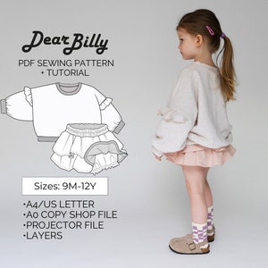 May include: A digital sewing pattern for a ruffled top and skirt set for children. The pattern includes sizes 9 months to 12 years. The pattern is available in A4/US Letter, A0 Copy Shop, Projector, and Layers formats.
