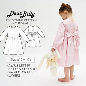 Op de afbeelding: Een PDF-naaipatroon voor een roze jurk met een strik op de rug. Het patroon heet "Dear Billy" en omvat de maten 12M-12Y. Het patroon wordt geleverd met een tutorial en is beschikbaar in A4/US Letter, A0 Copy Shop File, Projector File en Layers.