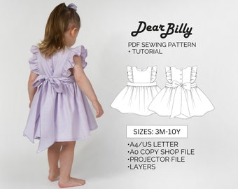Mädchen Rüschen Trägerkleid mit Schleife PDF Schnittmuster 3M-10Y