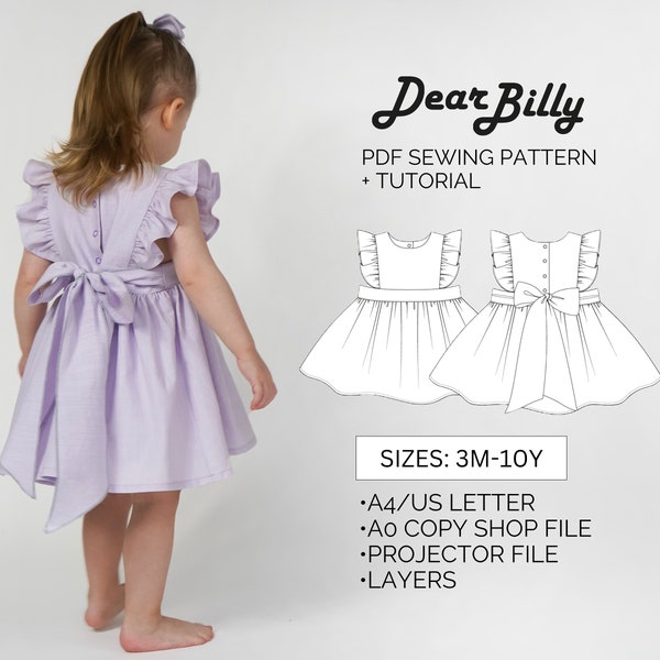 Girls Ruffle Pinafore Dress with a Bow PDF Sewing Pattern 3M-10Y