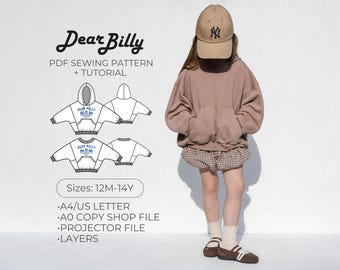 Trendy Kids Hoodie PDF Sewing Pattern, Unisex Sweatshirt (12M-14Y)