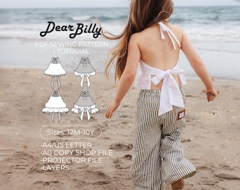 Girls Halter Top Sewing Pattern | Bow Back Ruffle Hem Summer Top (PDF Download)