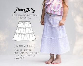 Gelaagde rok met ruches voor meisjes PDF-naaipatroon | Elastische taille, vintage cottagecore-stijl (12 M-12 jaar)