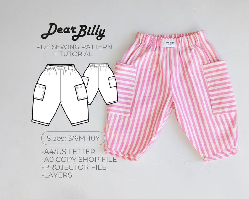 May include: Pink and white striped toddler pants with pockets, displayed on a white surface. The image also shows a line drawing of the pants and includes the text "Dear Billy PDF Sewing Pattern + Tutorial" and size information.