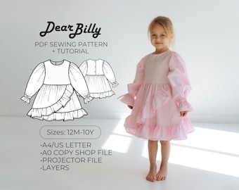 Girls Wrap Dress PDF Sewing Pattern | Ruffle Puff Sleeve Toddler Kids Sizes (12M–10Y)