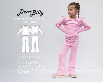 Kids Lounge Set PDF Sewing Pattern, Flare Leggings, Ruffle Blouse (12M-12Y)