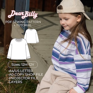 Peut inclure: Une jeune enfant porte une chemise à manches longues rayée et une casquette. L'image comprend un modèle de sweat-shirt blanc avec le texte "Dear Billy PDF Sewing Pattern + Tutorial" et des détails de taille pour enfants.