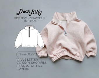 Quarter Zip Sweatshirt PDF Sewing Pattern  – Unisex Pullover for Toddlers and Kids | 12M–12Y