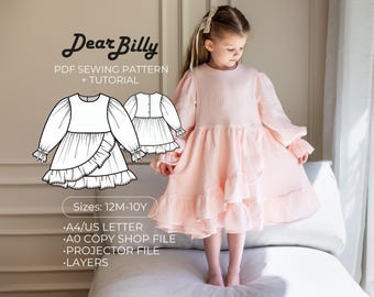 Girls Puff Sleeve Wrap Dress PDF Sewing Pattern | Ruffle Hem Toddler Sizes (12M-10Y)