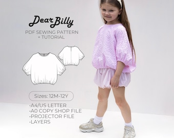 Girls Oversized Blouse PDF Sewing Pattern | Dolman Sleeve Top (12M-12Y)
