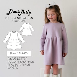 Peut inclure: Un patron de couture pour une robe avec une jupe plissée et des poches. Le patron est disponible dans les tailles 12M-12Y et comprend des instructions d'impression sur papier A4/US Letter, A0 copie boutique et projecteur. Le patron comprend également des calques pour une impression facile.