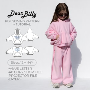 Op de afbeelding: Een PDF-naaipatroon en handleiding genaamd Dear Billy voor een set met een hoodie en broek. De afbeelding toont technische lijntekeningen van de hoodie, maten 12M-14Y en bestandsformaten zoals A4, US Letter, A0 en projectorbestanden.