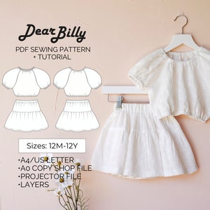 Puede incluir: Un patrón de costura digital para un conjunto de top corto y falda blancos para niños. El patrón incluye tallas de 12 meses a 12 años. El patrón está disponible en formatos A4/US Letter, A0 Copy Shop, Projector y en capas.