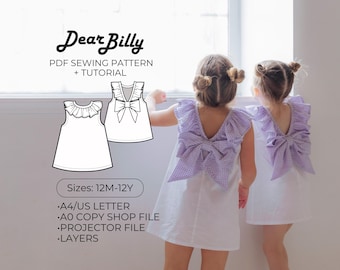 Girls A-Line Dress Sewing Pattern | Ruffle Neckline, Bow Back (PDF Pattern)
