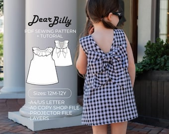 Open Back Bow Dress PDF Sewing Pattern | Ruffle Neckline, A-line 12M-12Y