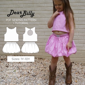 May include: A child models a pink and white striped crop top and skirt, complemented by brown cowboy boots. The image includes a sewing pattern labelled "Dear Billy" with the text "PDF Sewing Pattern + Tutorial". The pattern sizes are 1Y-10Y.