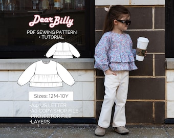 Girls Long Sleeve Ruffle Top PDF Sewing Pattern 12M-10Y