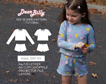 Kids Lounge Set Sewing Pattern PDF: Knit Top & Shorts (12M-12Y)