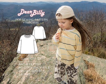 Basic Long Sleeve Tee for Kids | Sewing Pattern PDF | Crew Neck Shirt (12M–12Y)