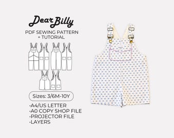 Könnte beinhalten: Ein weiß-blau gemusterter Baby-Strampler mit verstellbaren Trägern und einer Vordertasche. Das Bild zeigt auch ein Schnittmuster mit dem Text "Dear Billy" und "PDF Sewing Pattern + Tutorial". Verfügbare Größen sind 3/6M-10Y.
