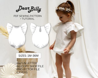 Baby Girl Ruffle Sleeve Playsuit PDF Sewing Pattern 1M-36M